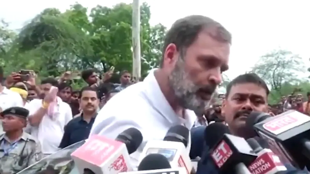 Rahul Gandhi speaks with reporters in Raebareli on Tuesday, August 20, 2024