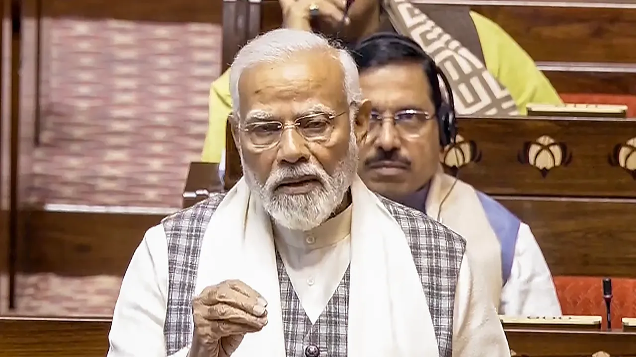 Prime Minister Narendra Modi speaks in the Rajya Sabha during the Budget session of Parliament, in New Delhi