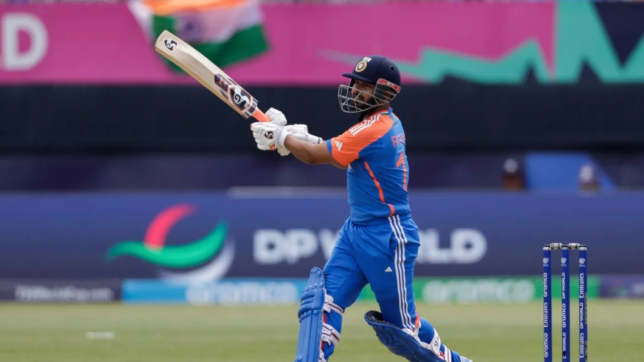 India's Rishabh Pant plays a shot for four runs against Ireland during an ICC Men's T20 World Cup cricket match at the Nassau County International Cricket Stadium in Westbury, New York, Wednesday, June 5, 2024