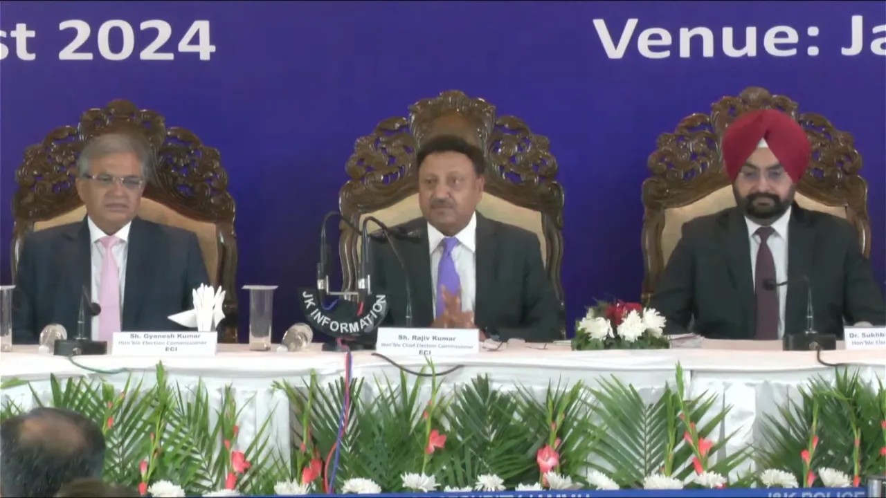 Chief Election Commissioner Rajiv Kumar along with Election Commissioners Gyanesh Kumar and Sandhu addresses press conference, in Srinagar