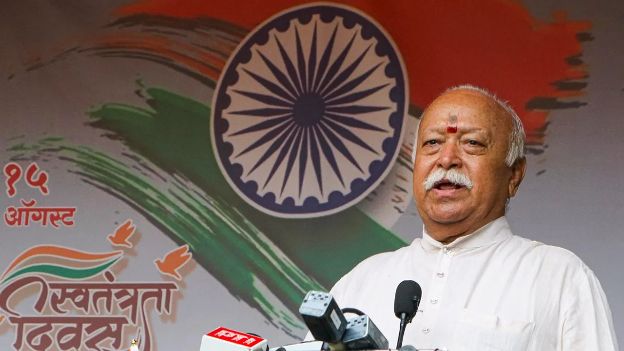 Rashtriya Swayamsevak Sangh (RSS) chief Mohan Bhagwat addresses the gathering on 78th Independence Day at RSS headquarters, in Nagpur, Thursday, Aug. 15, 2024
