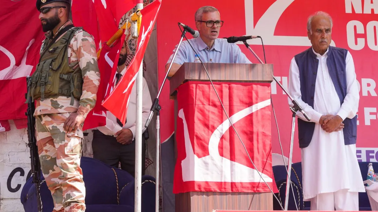 &K National Conference Vice President Omar Abdullah speaks during a public meeting ahead of J&K Assembly elections, at Pampore in Pulwama district, Jammu & Kashmir, Monday, Sept. 16, 2024