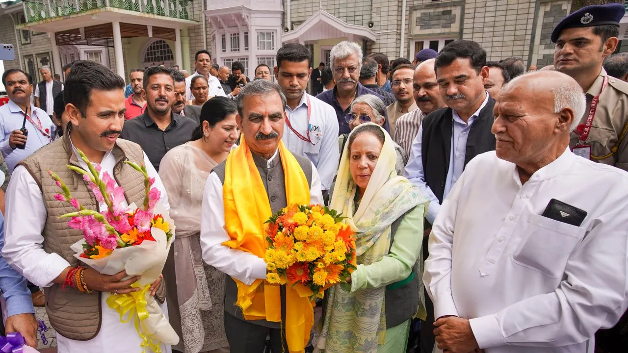 Himachal Pradesh Chief Minister Sukhvinder Singh Sukhu with Congress leader Vikramaditya Singh and Pratibha Singh after party won Assembly by-election, in Shimla