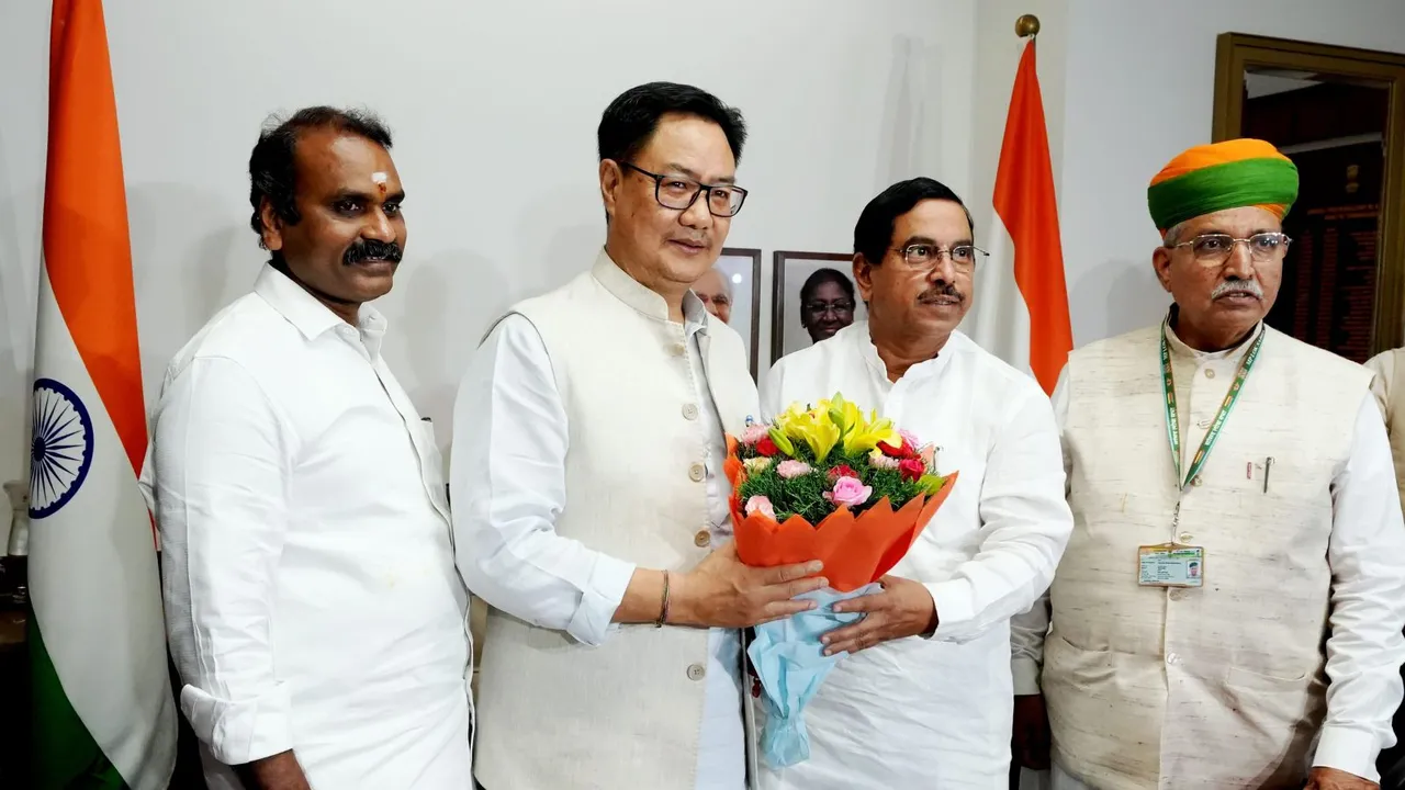 Kiren Rijiju being greeted by L Murugan, Arjun Ram Meghwal and Pralhad Joshi after he took charge as Parliamentary Affairs Minister a day after the portfolio allocation, in New Delhi, Tuesday, June 11, 2024.