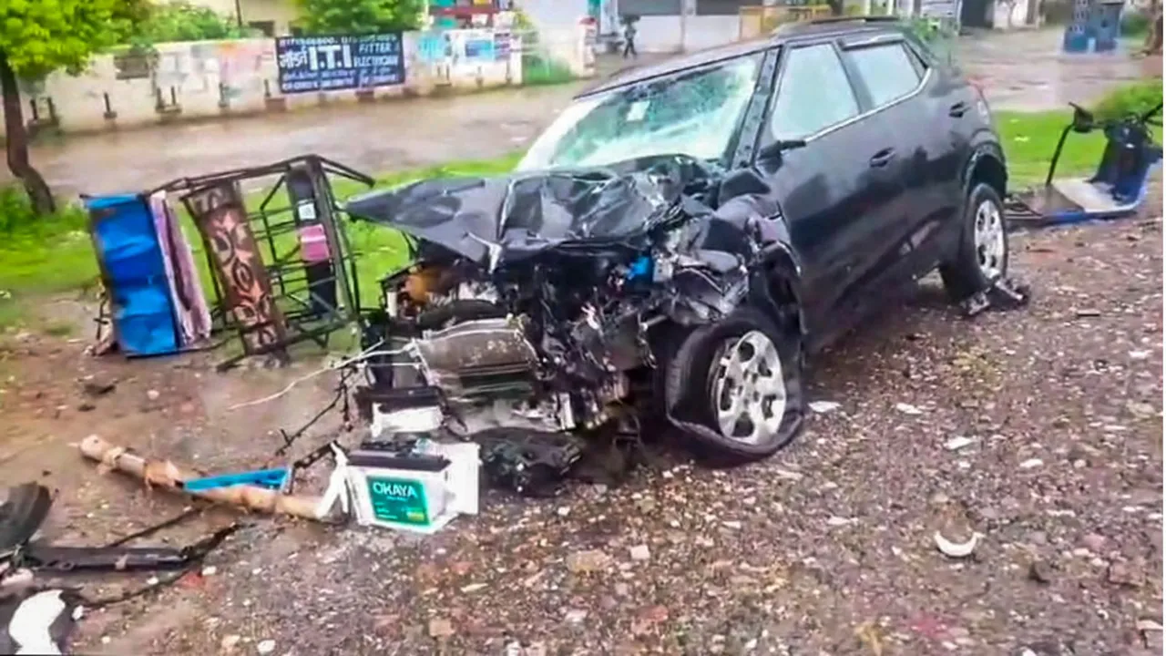 A damaged car after its collision with an e-rickshaw, in Udham Singh Nagar district, Wednesday, Aug. 21, 2024.