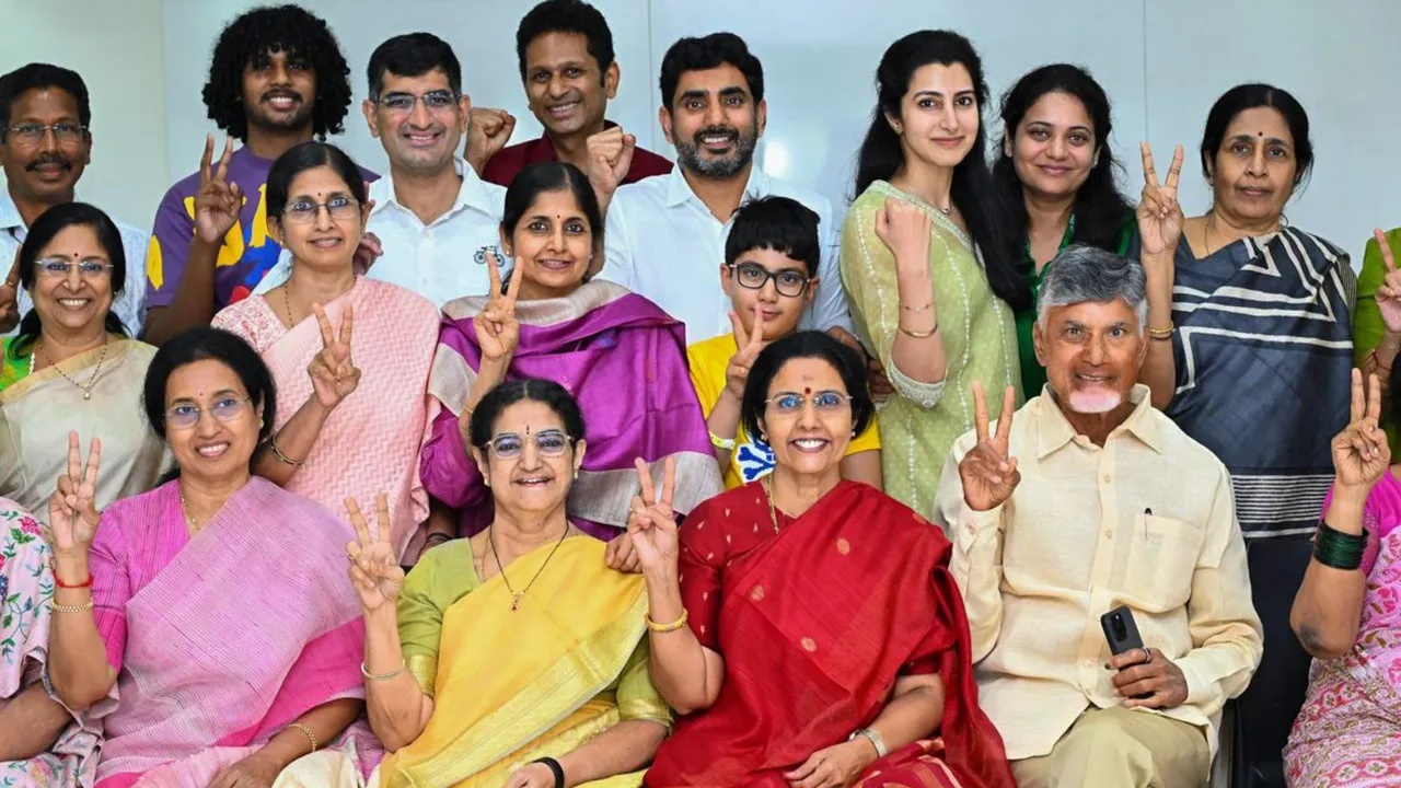 TDP Chief Chandrababu Naidu along with his family poses for photographs as he celebrates the party's victory in Assembly and Parliamentay polls, at their residence in Undavalli, Amaravati, Tuesday, June 4, 2024