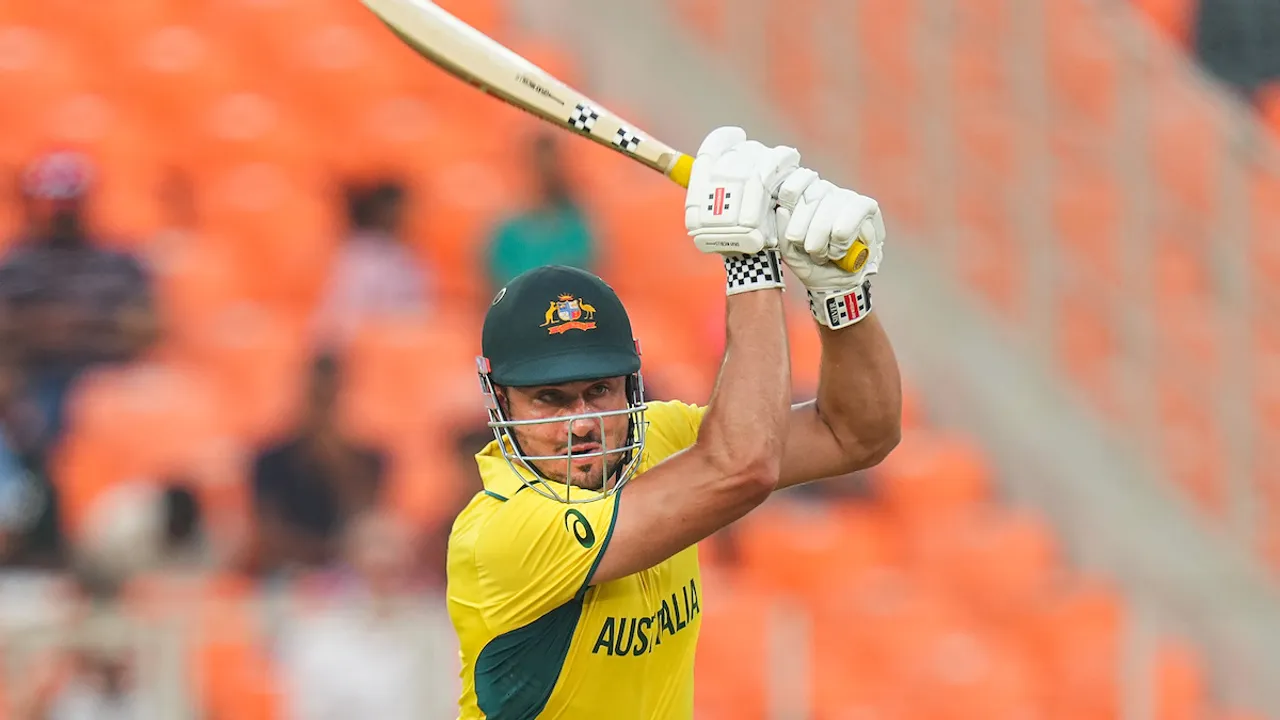 Australia’s Marcus Stoinis plays a shot during the ICC Men's Cricket World Cup 2023 match between Australia and England, at Narendra Modi Stadium, in Ahmedabad, Saturday, Nov. 4, 2023