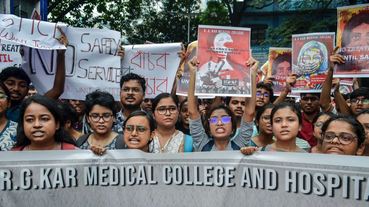 Junior doctors, trainee doctors and medical students protest against the sexual assault and killing of a post-graduate trainee doctor at RG Kar Medical College, in Kolkata, Monday, Aug. 12, 2024.