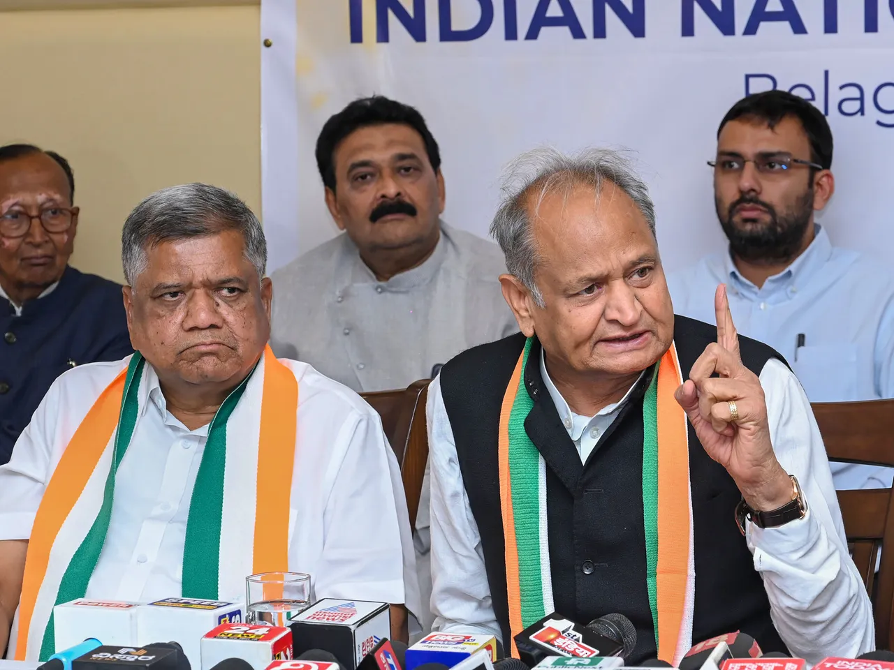 Rajasthan Chief Minister Ashok Gehlot with Congress leader Jagadish Shettar addresses a press conference, in Hubballi