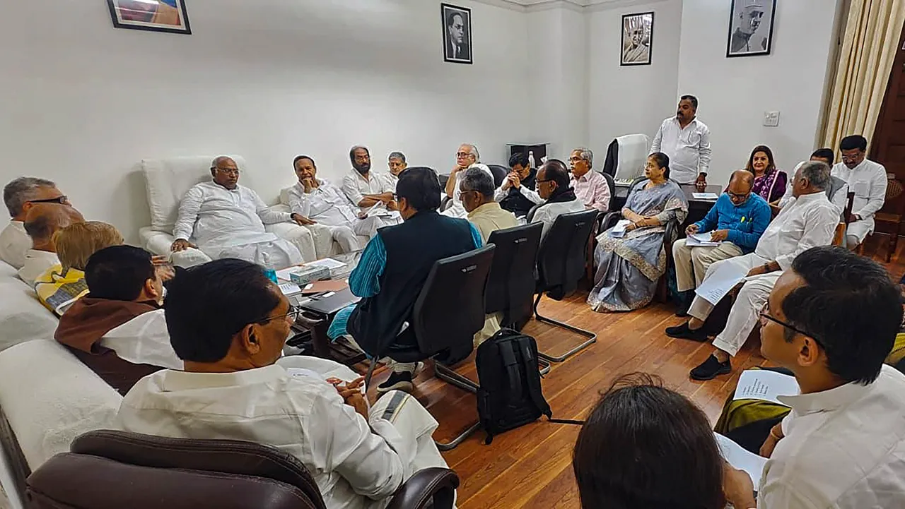 Leaders of the INDIA alliance parties during a meeting on the first day of the Monsoon Session of Parliament, in New Delhi