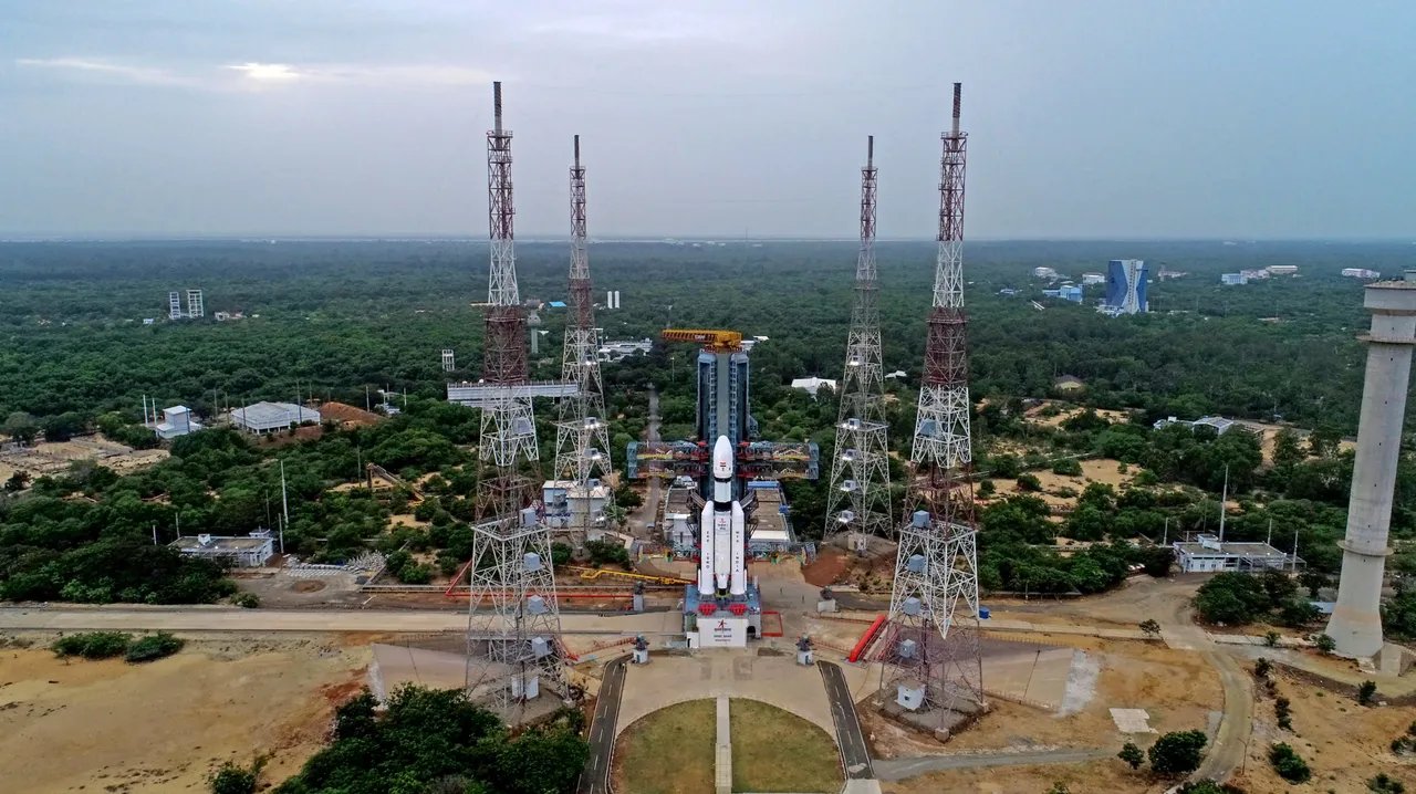 The Launch Vehicle Mark-III (LVM3) M4 vehicle with Chandrayaan-3 at the launch pad at Satish Dhawan Space Centre, in Sriharikota