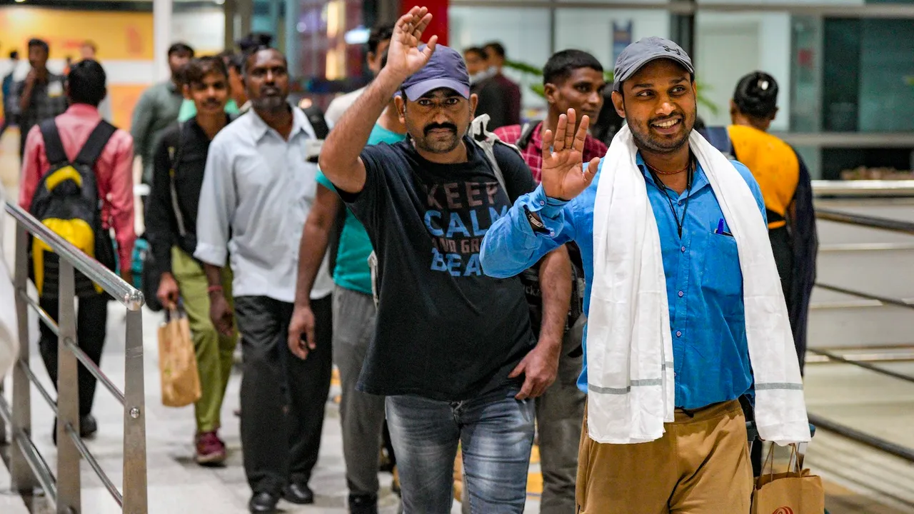 Indian nationals evacuated from violence-hit Sudan under Operation Kaveri, on their arrival at the IGI Airport in New Delhi April 26
