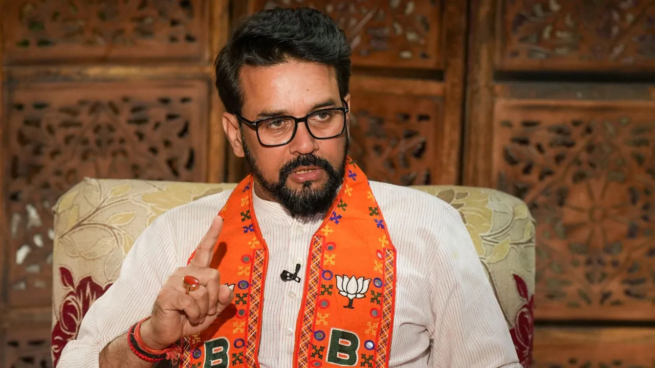Union Minister and BJP candidate from Hamirpur constituency Anurag Thakur during an interview with PTI, in Hamirpur, Friday, May 10, 2024