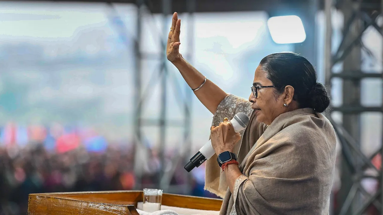 Mamata Banerjee addresses the gathering during Administrative Review Meeting, in Bardhaman district, Wednesday, Jan. 24, 2024.