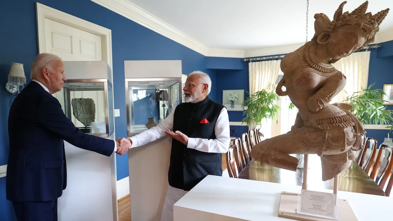 President Joe Biden hands over 297 invaluable antiquities to Prime Minister Narendra Modi on September 21, 2024, in Delaware