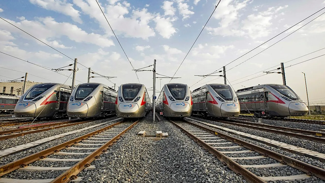 Trains halt at the Sahibabad RAPIDX station ahead of the inauguration of a priority section of the Delhi-Meerut Regional Rapid Transit System (RRTS), in Ghaziabad