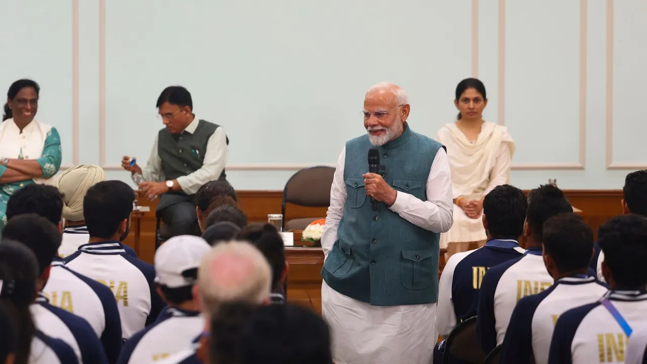 Prime Minister Narendra Modi interacts with the Indian contingent for Paris Olympics, in New Delhi, Thursday, Aug. 15, 2024.