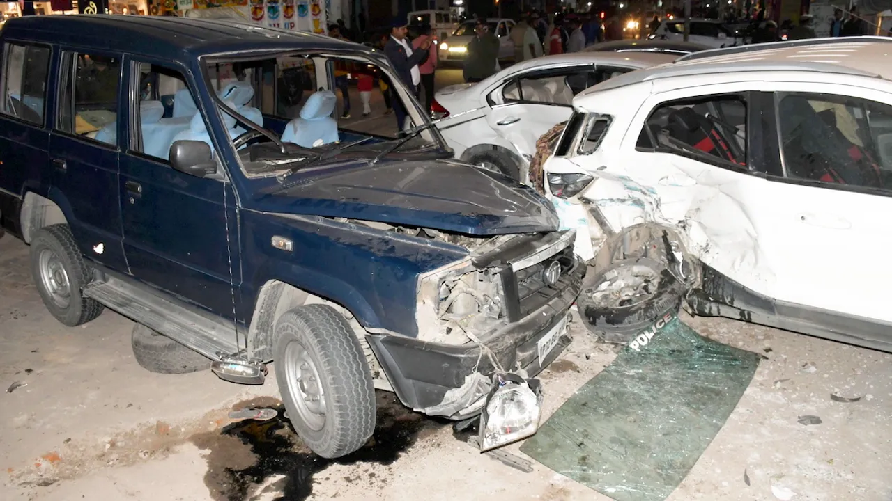 A damaged vehicle of Uttar Pradesh Chief Minister Yogi Adityanath's convoy after an accident, in Lucknow, Saturday, Feb. 24, 2024.