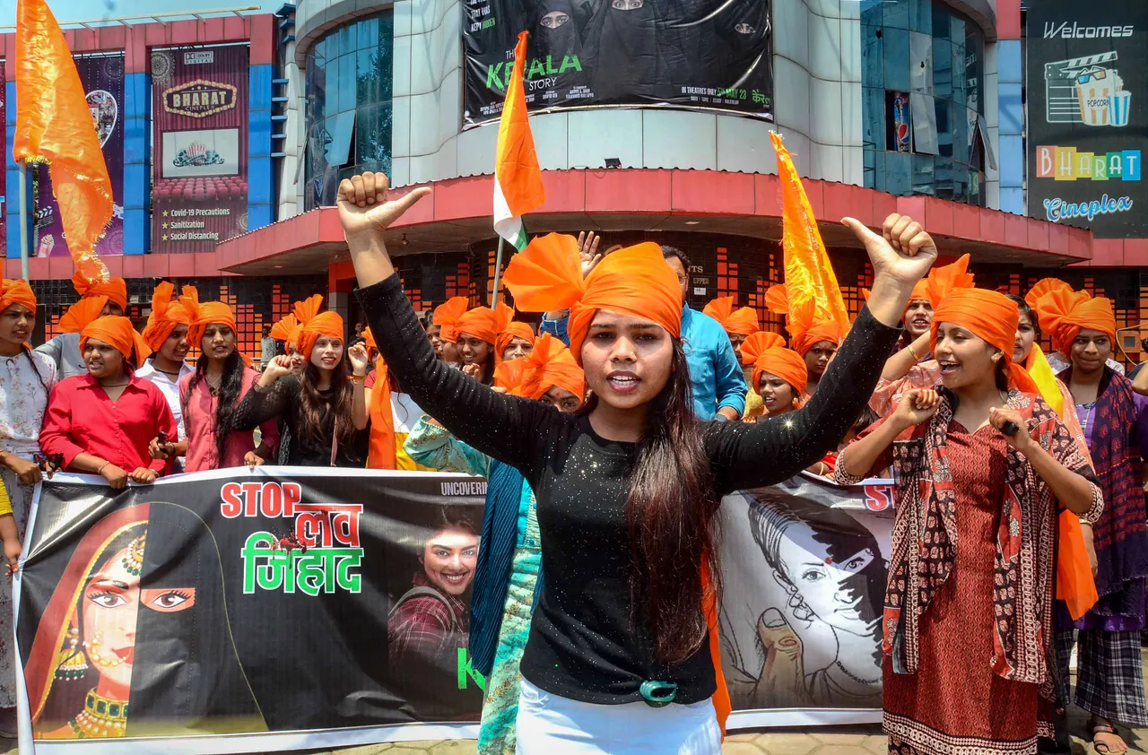 BJP workers raise slogans during a protest against the film 'The Kerala Story', in Bhopal