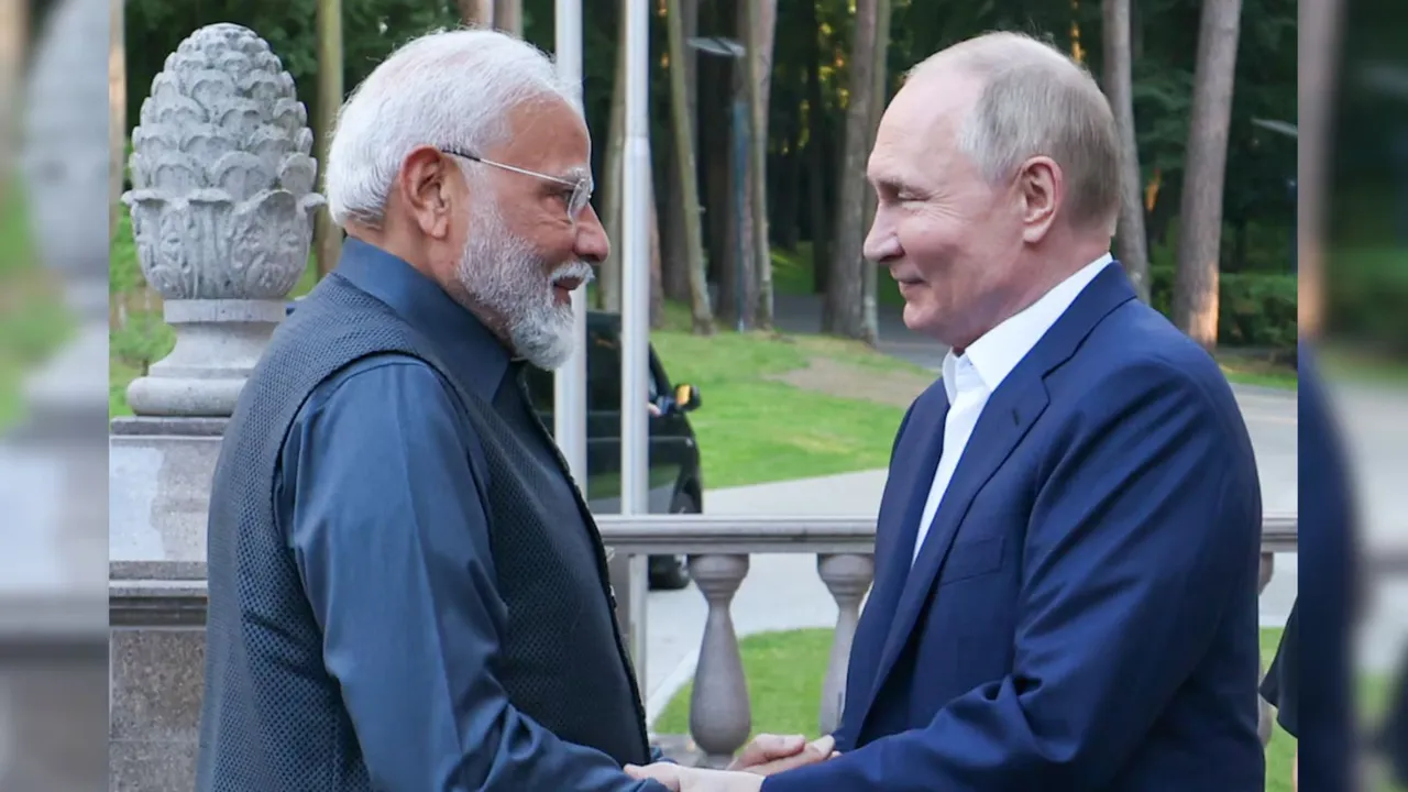 Prime Minister Narendra Modi welcomed by Russian President Vladimir Putin at his official residence at Novo-Ogaryovo for a private engagement, in Moscow, Russia, Monday, July 8, 2024.