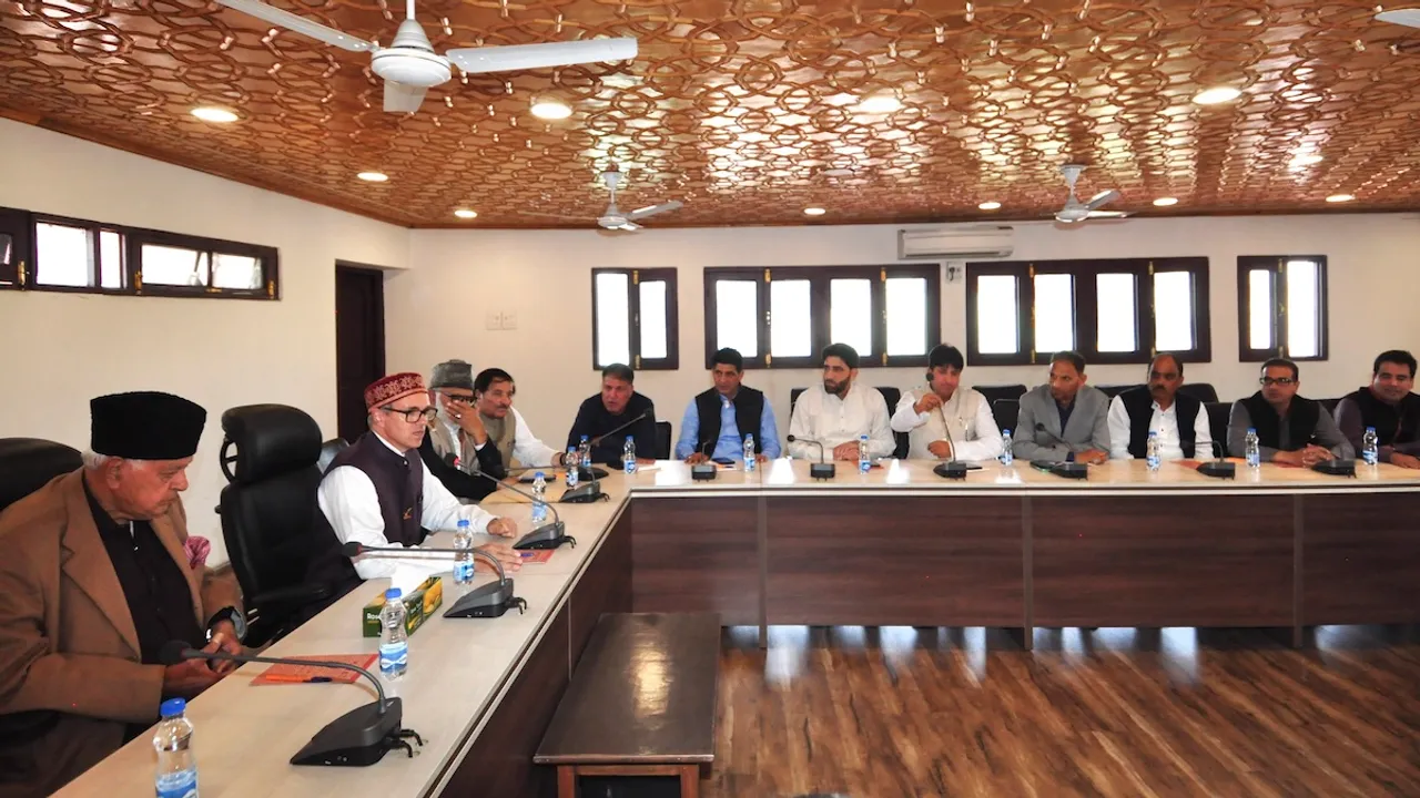 National Conference President Farooq Abdullah, Vice President Omar Abdullah and others during the party's Legislature Party Meeting after Jammu and Kashmir Assembly election result, at the headquarters Nawa e Subha in Srinagar, Thursday, Oct. 10, 2024.