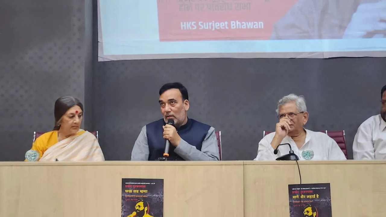Brinda Karat, Gopal Rai and Sitaram Yechury at protest assembly marking the six-month imprisonment of NewsClick's editor, Prabir Purkayastha