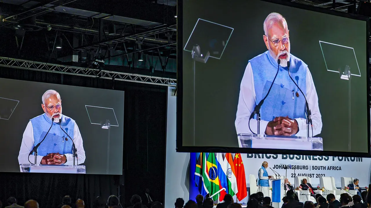 Prime Minister Narendra Modi speaks during the BRICS Business Forum Leaders’ Dialogue, in Johannesburg.jpg