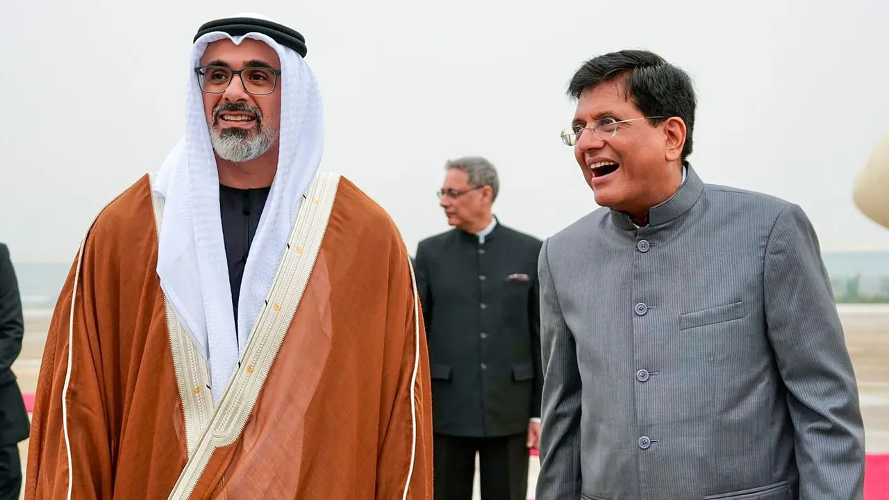 Union Minister Piyush Goyal receives Crown Prince of Abu Dhabi Sheikh Khaled bin Mohamed bin Zayed Al Nahyan upon his arrival in New Delhi, Sunday, Sept. 8, 2024.