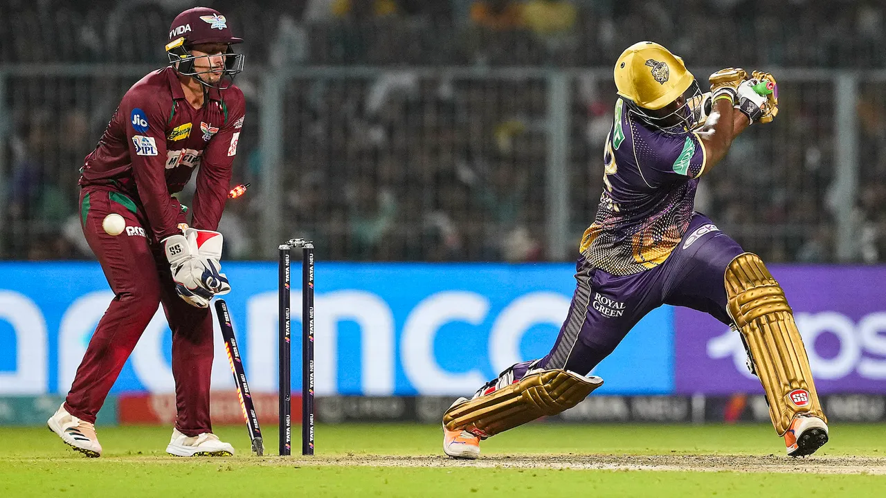 Kolkata Knight Riders batter Andre Russell being bowled out by Lucknow Super Giants bowler Ravi Bishnoi at Eden Gardens on May 20