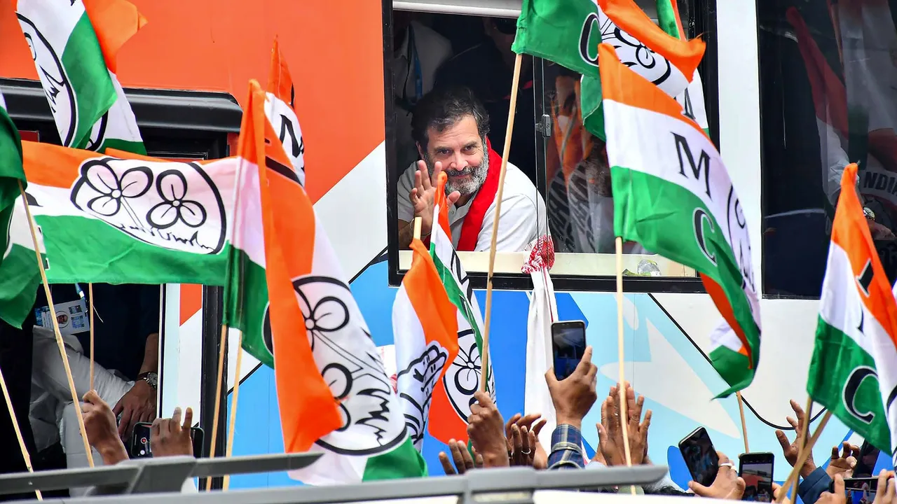 Congress leader Rahul Gandhi waves at supporters during the Bharat Jodo Nyay Yatra, in Guwahati, Assam