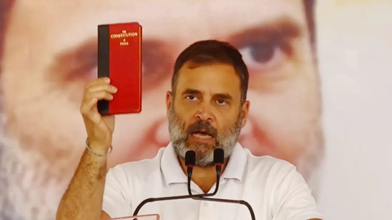 Congress leader Rahul Gandhi addresses a public meeting for Lok Sabha elections, in Bhind, Madhya Pradesh, Tuesday, April 30, 2024