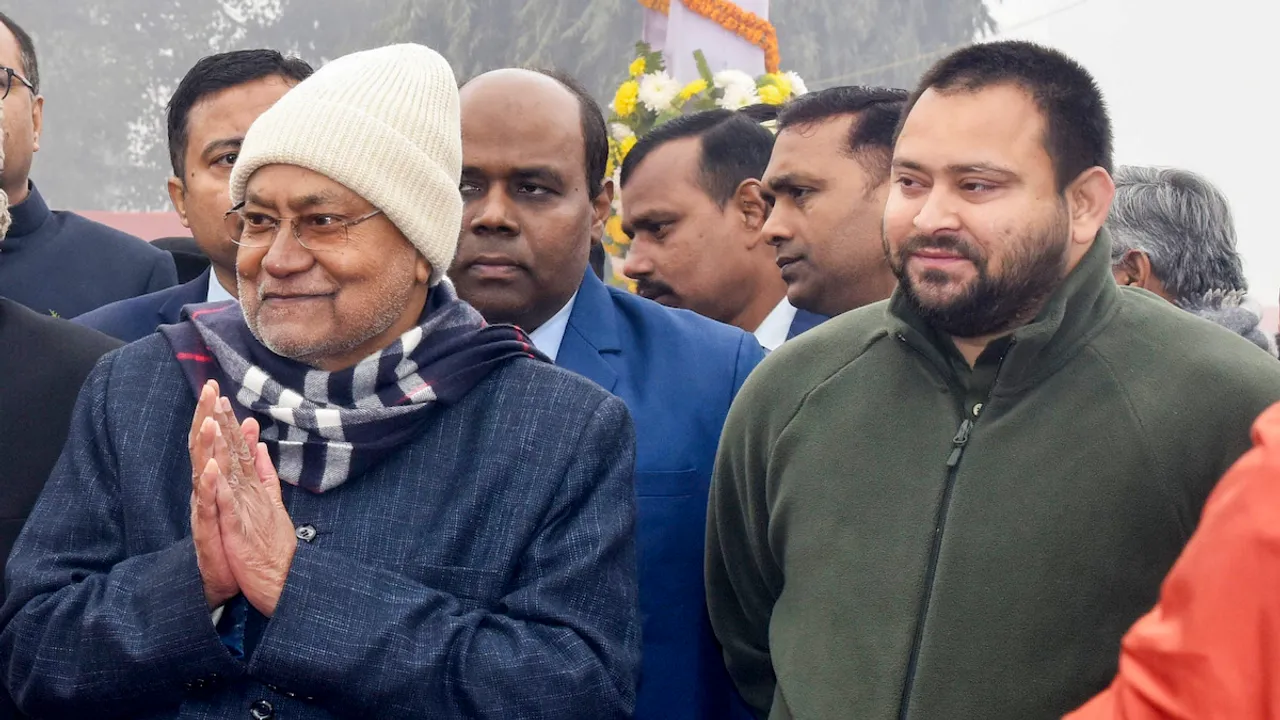 Bihar Chief Minister Nitish Kumar and Deputy CM Tejashwi Yadav during the celebration of the 75th Republic Day, at Gandhi Maidan in Patna, Friday, Jan. 26, 2024.