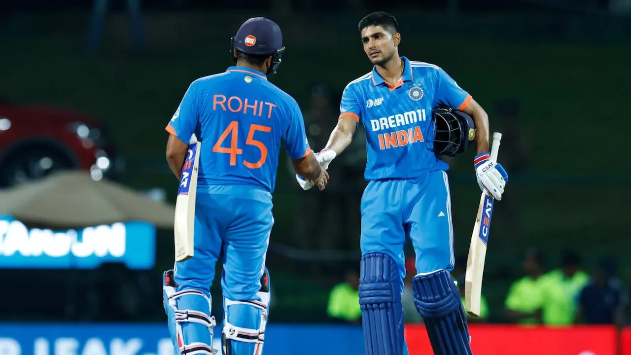 Rohit Sharma and Shubman Gill congratulate each other after beating Nepal at Asia Cup