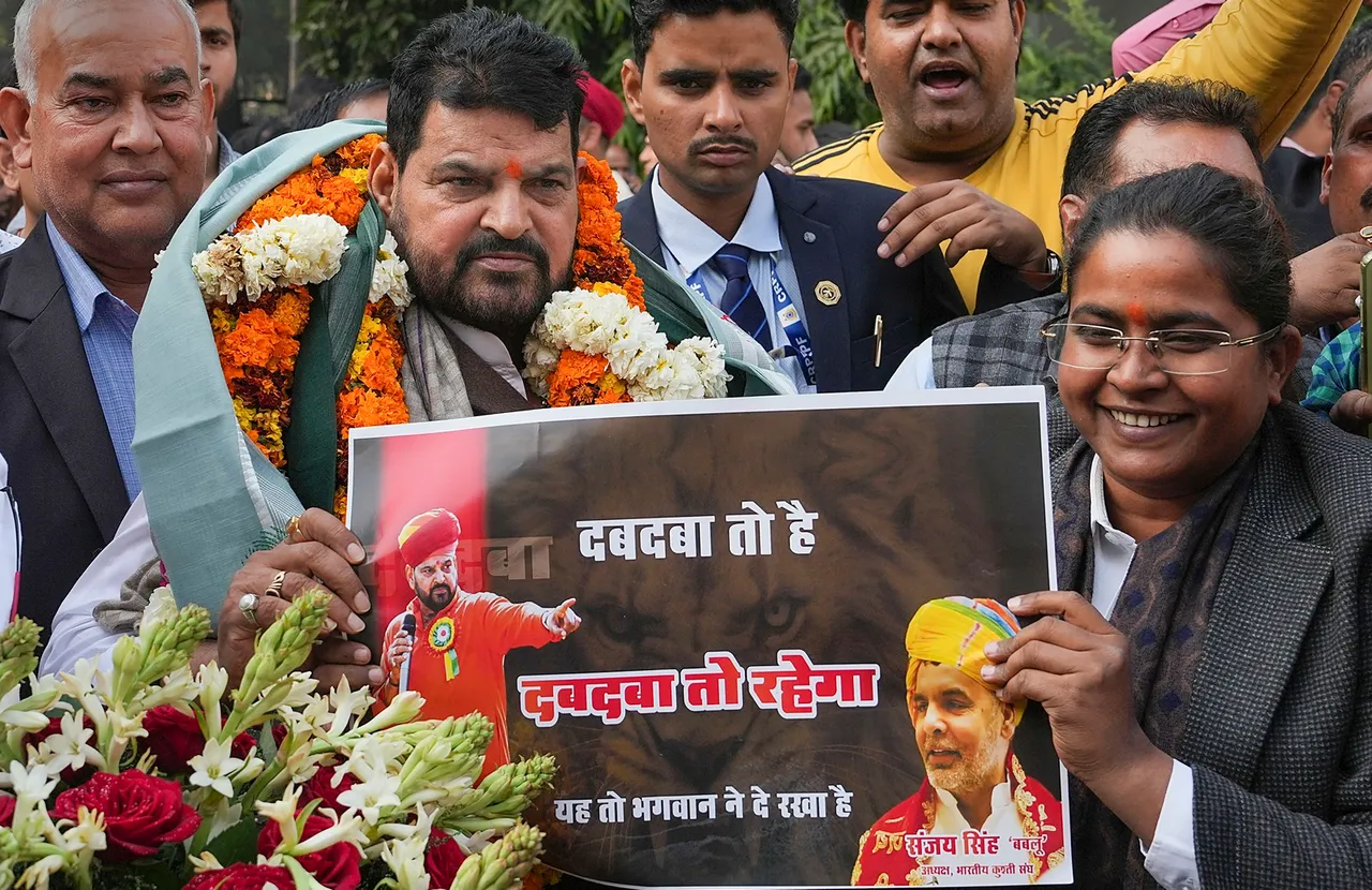 BJP MP Brij Bhushan Sharan Singh with supporters after UP Wrestling Association Vice President Sanjay Singh became the new President