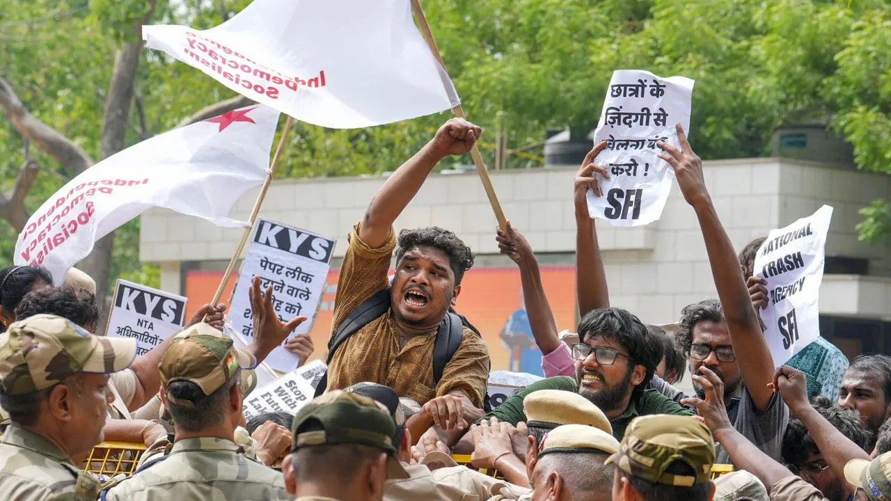 Students stage a protest over the NEET-UG and UGC-NET examinations issue, in New Delhi, Thursday, June 20, 2024.