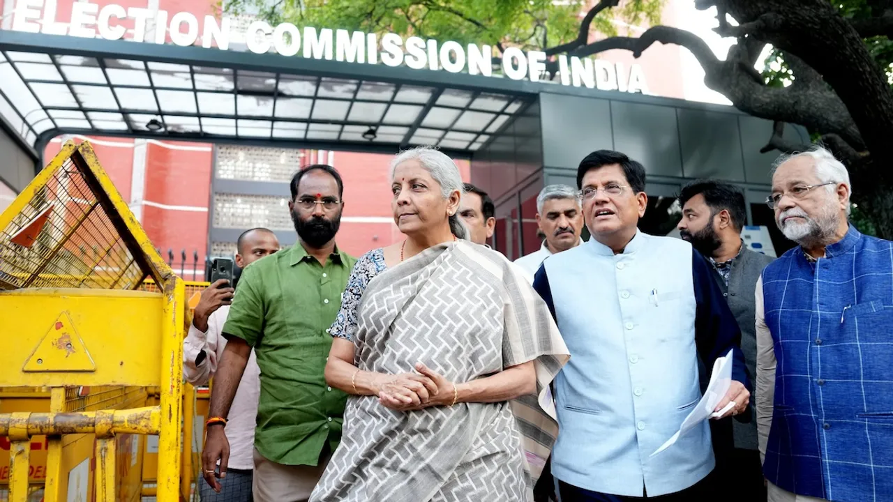 BJP leaders Nirmala Sitharaman and Piyush Goyal come out after meeting Election Commissioners at Nirvachan Sadan, in New Delhi, Sunday, June 2, 2024.