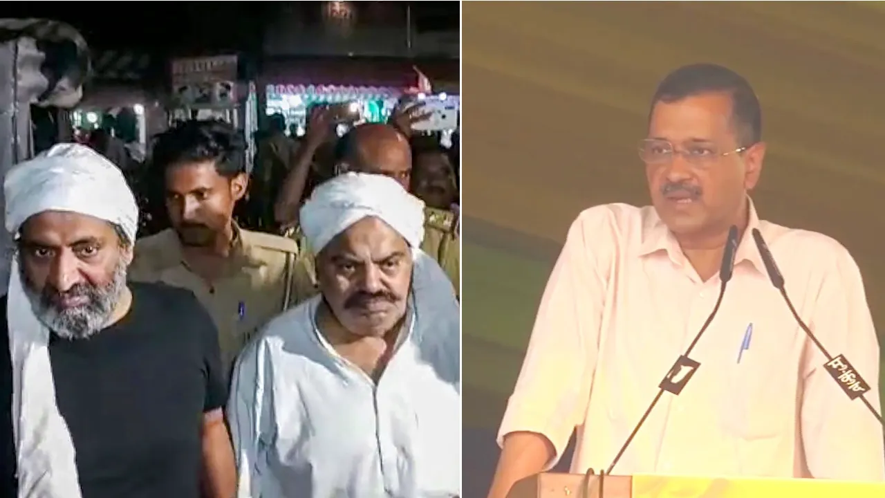 (L-R) Ashraf Ahmad, Atiq Ahmad and Arvind Kejriwal