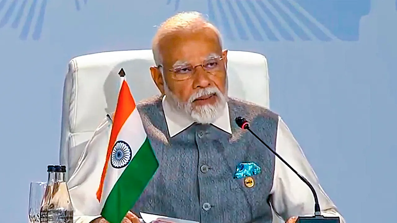 Prime Minister Narendra Modi speaks at the 15th BRICS Summit, in Johannesburg, South Africa