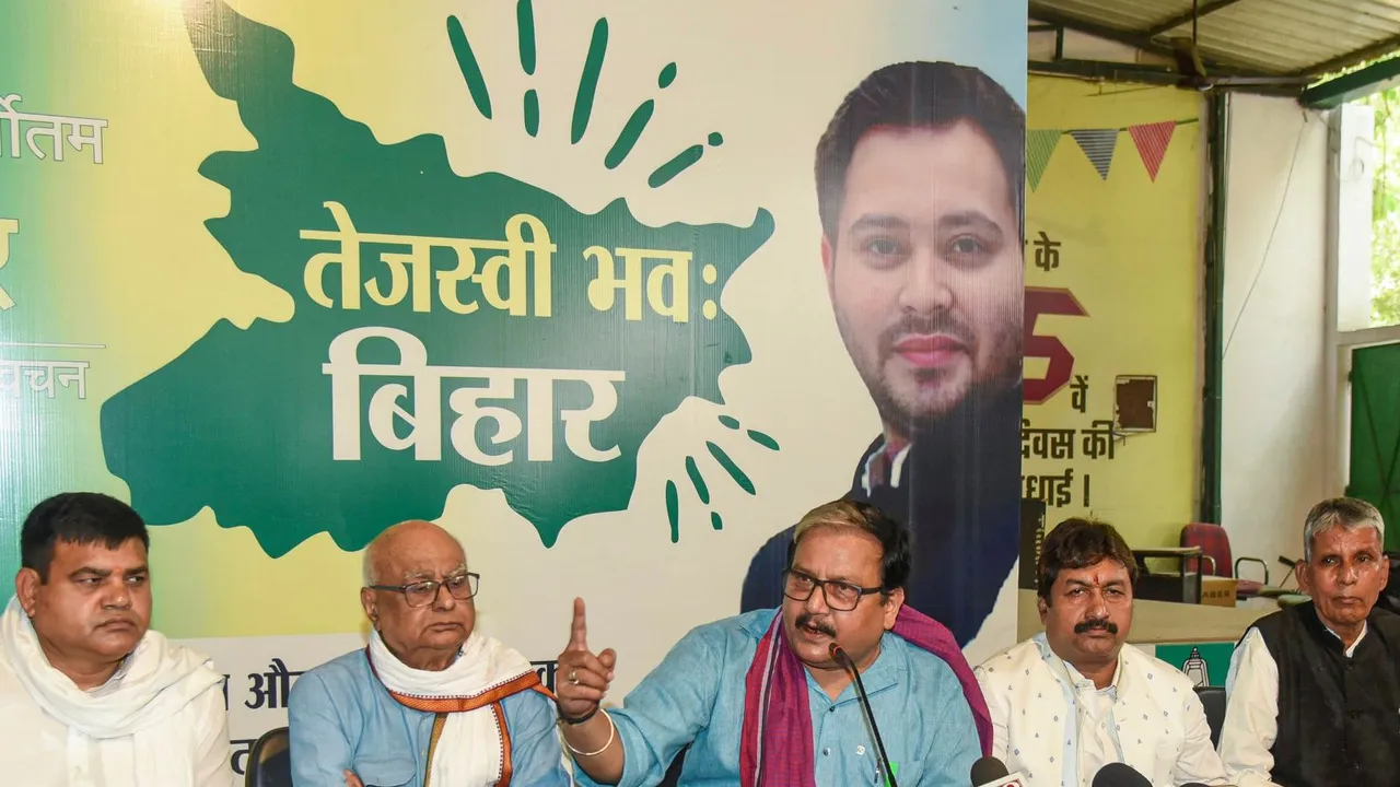 RJD MP Manoj Jha with CPI leader Ram Naresh Pandey and Congress leader Rajesh Rathod during a joint press conference, in Patna, Monday, June 3, 2024