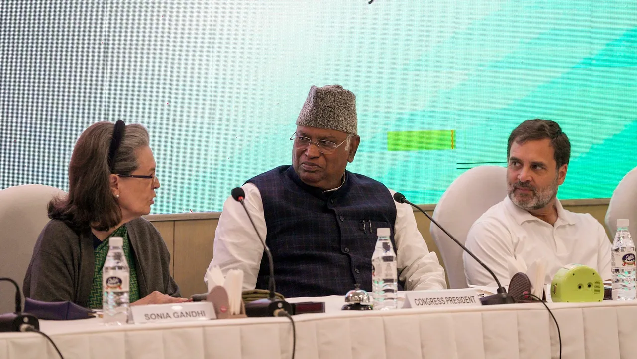 Congress President Mallikarjun with party leaders Sonia Gandhi and Rahul Gandhi during the Congress Working Committee Meeting