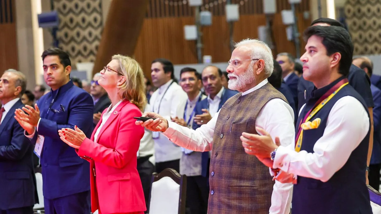 Prime Minister Narendra Modi with Union Minister Jyotiraditya Scindia during inauguration of the 8th ITU's telecom standard meet, in New Delhi, Tuesday, Oct. 15, 2024.