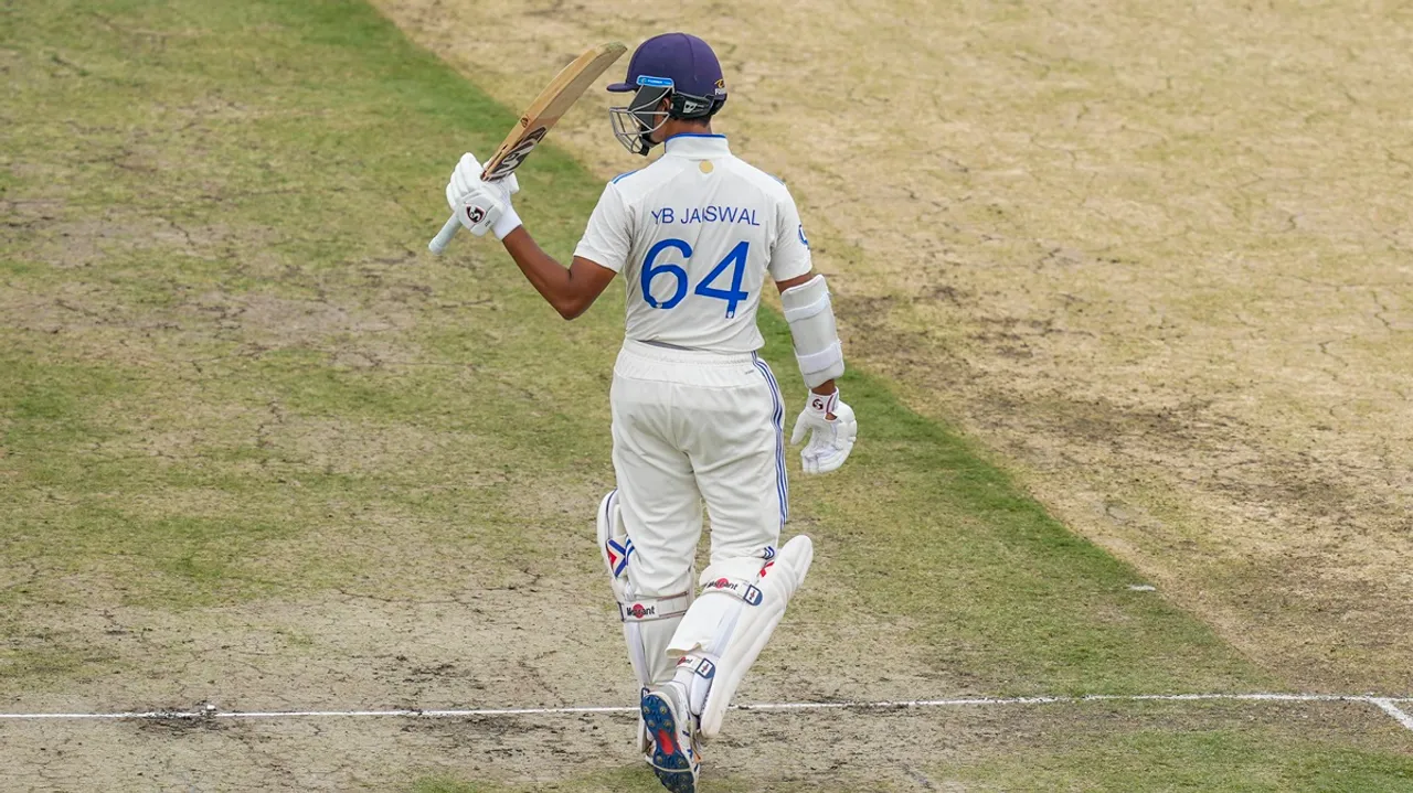 Yashasvi Jaiswal celebrates his half-century during the second day of the fourth Test cricket match between India and England, in Ranchi, Saturday, Feb. 24, 2024