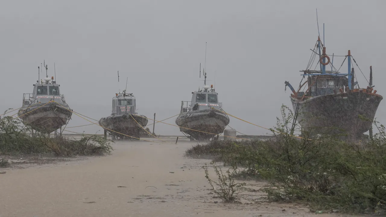 Heavy Rain at Jakhau port ahead of the landfall of Biparjoy cyclone, in Kutch district