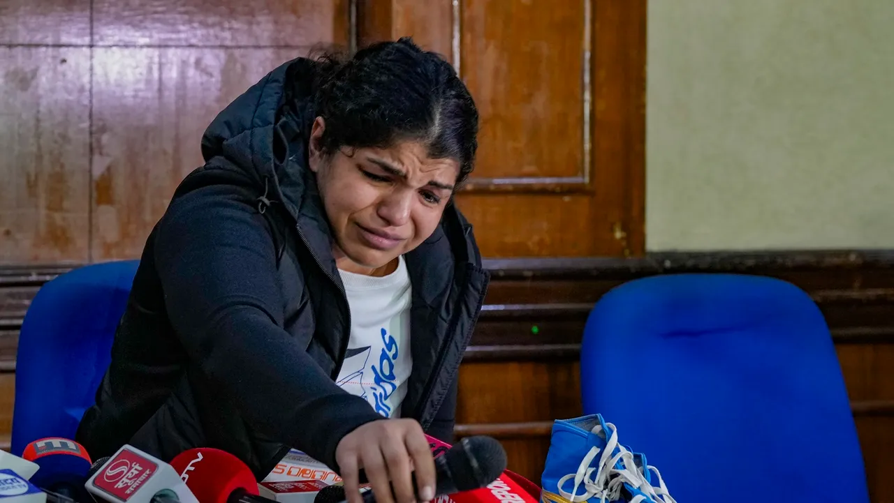 Wrestler Sakshi Malik during a press conference in New Delhi