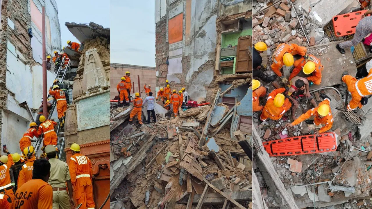 NDRF personnel carry out rescue work after two houses collapsed near the Kashi Vishwanath temple, in Varanasi, Tuesday, Aug. 6, 2024