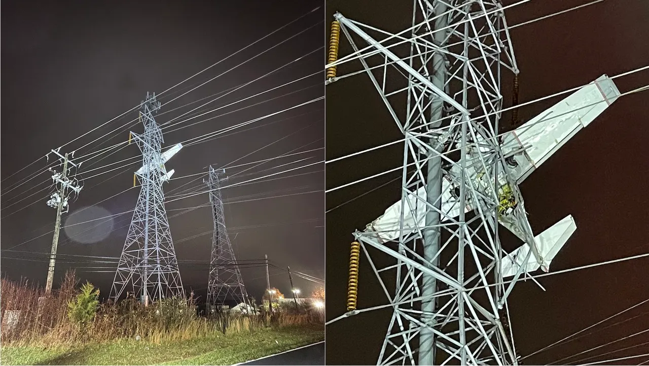 small plane stuck into powerlines & tower plow
