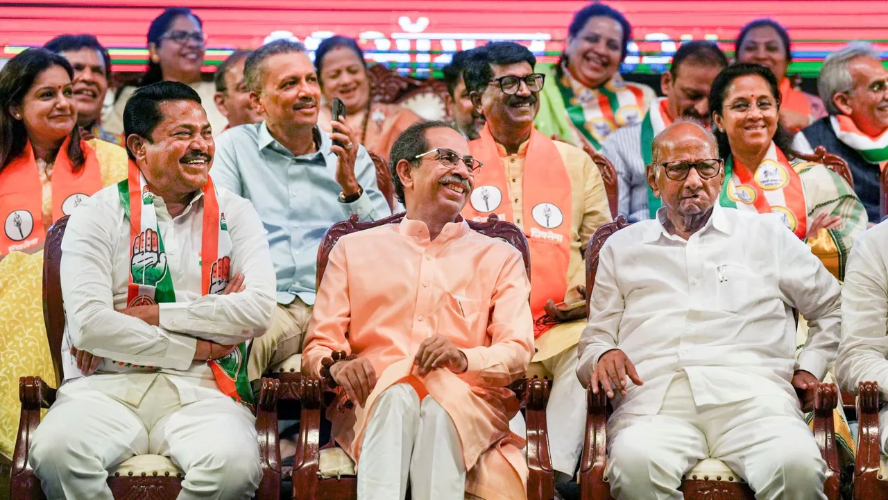 Shiv Sena (UBT) Chief Uddhav Thackeray, NCP (Sharad)'s Sharad Pawar and Congress leader Nana Patole during the gathering of MVA workers, in Mumbai