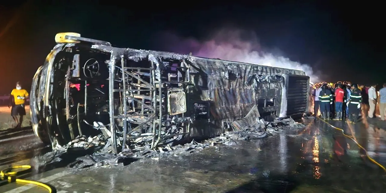 Rescue staff and others at the site after twenty five bus passengers were charred to death when their vehicle caught fire on the Samruddhi Expressway in Maharashtra's Buldhana district, Saturday.jpg