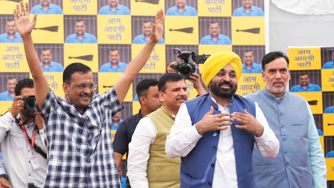 Delhi Chief Minister Arvind Kejriwal with AAP leaders Bhagwant Mann, Sanjay Singh and Gopal Rai during a press conference, at the AAP office in New Delhi, Saturday, May 11, 2024.