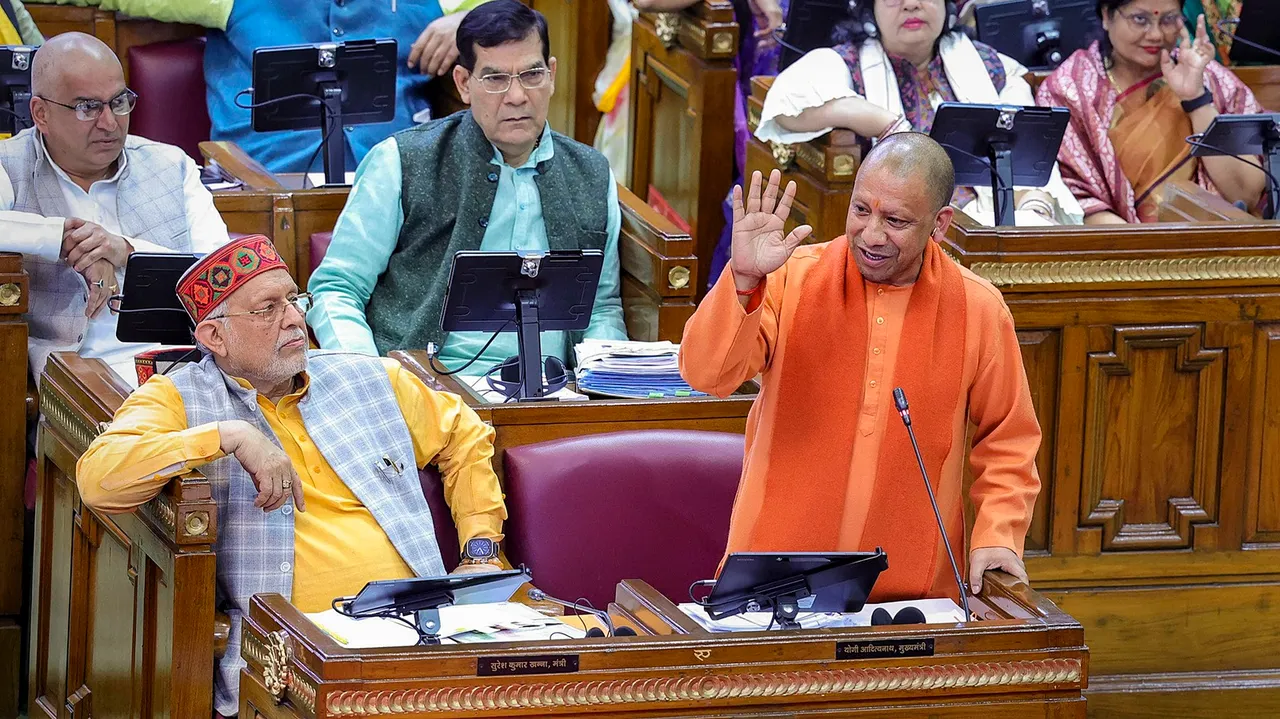 Uttar Pradesh Chief Minister Yogi Adityanath speaks in the Assembly during the Budget session, in Lucknow